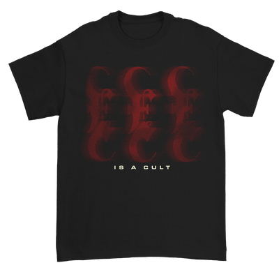 a black t-shirt with red text