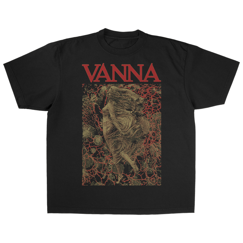 a black t-shirt with red text