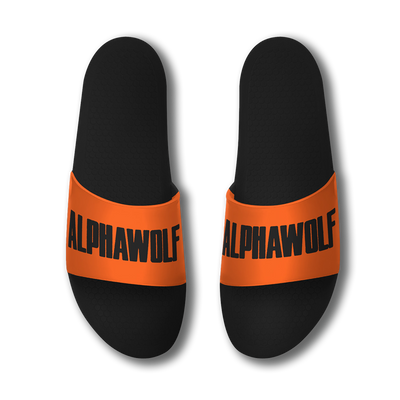 a pair of black and orange slippers