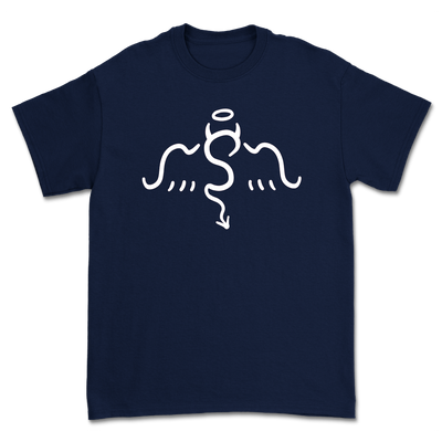 a blue t-shirt with a white logo