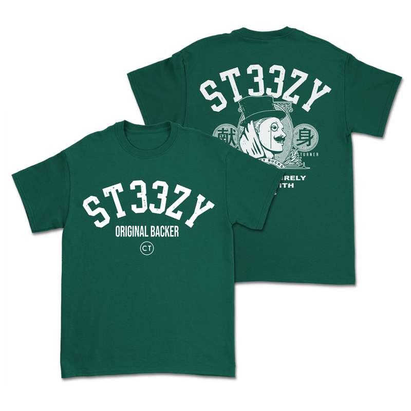 a green t-shirt with white text