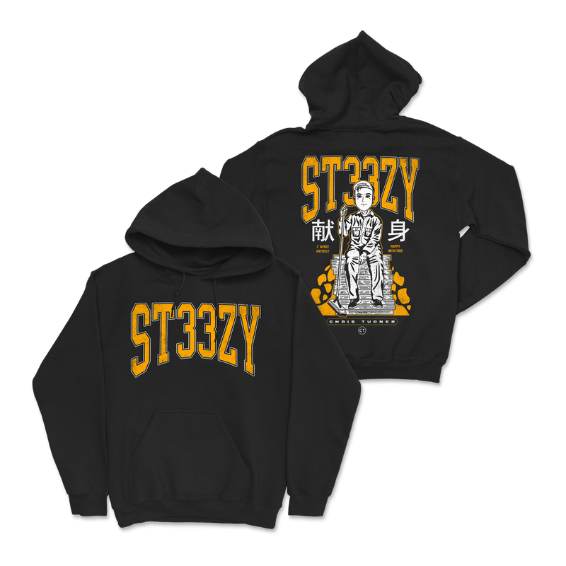 a black sweatshirt with yellow text