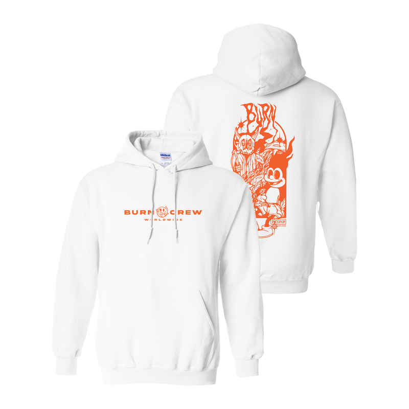 a white sweatshirt with red and orange designs