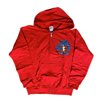 a red zip up hoodie with a logo on it
