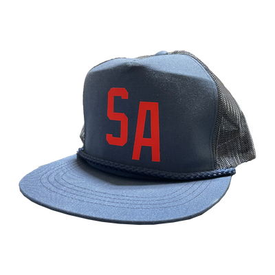 a blue hat with red letters on it