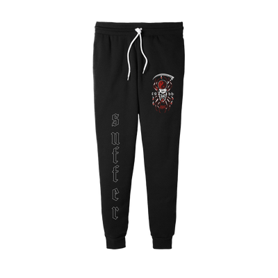 a black sweatpants with a white logo on it