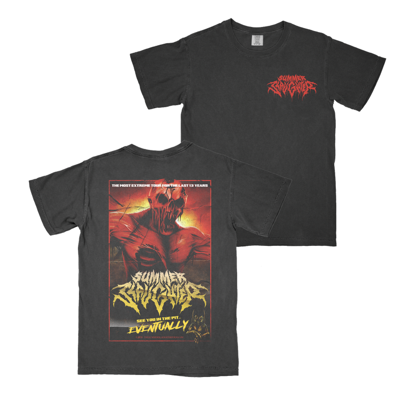 a black t-shirt with red and yellow text