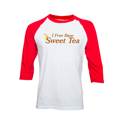 a red and white shirt with words on it