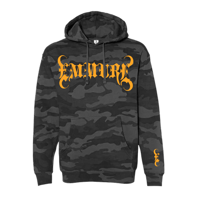 a black and grey camouflage hoodie with yellow writing