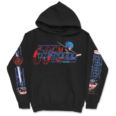 a black hoodie with a cartoon character on it