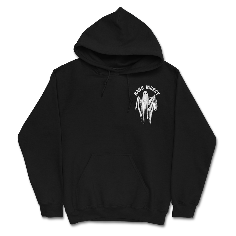 a black sweatshirt with a white ghost on it