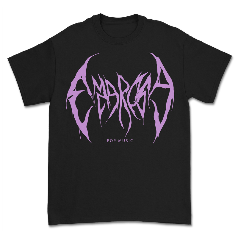 a black shirt with purple text
