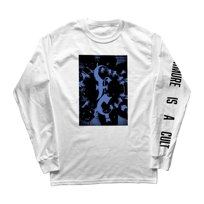 a white long sleeved shirt with a graphic design on it