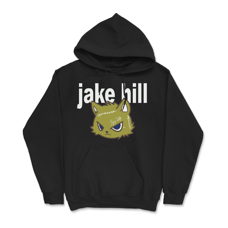 a black sweatshirt with a cat face on it